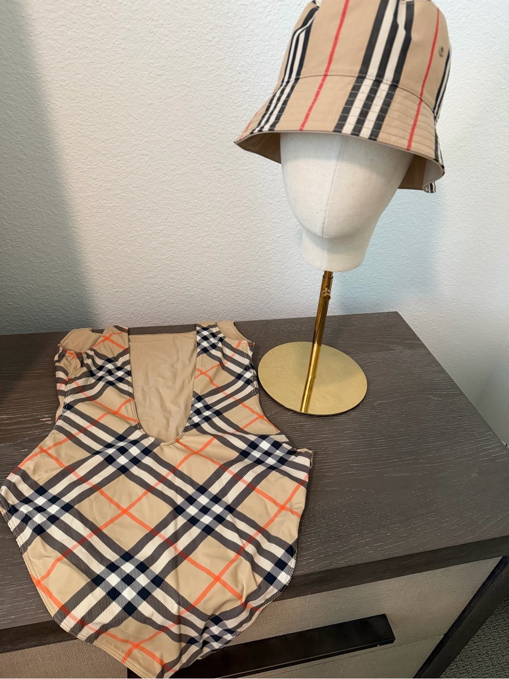 Burberry Beige Plaid Bucket Hat and Matching Plaid One Piece Bikini